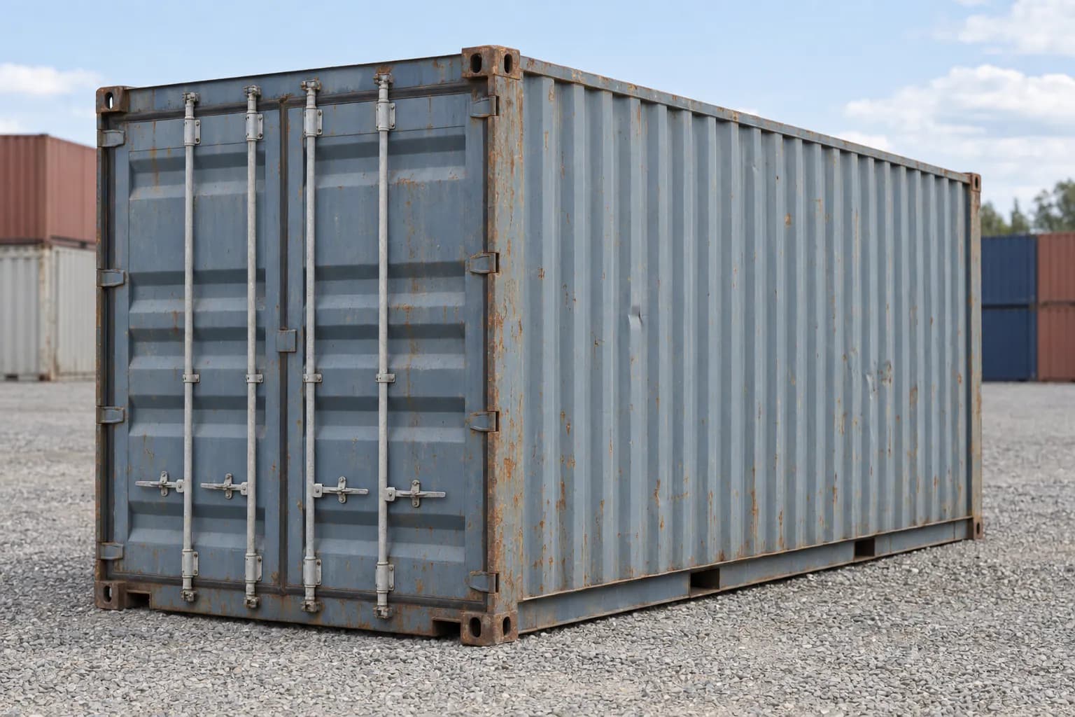 Container 20ft used wind and watertight, three-quarter view