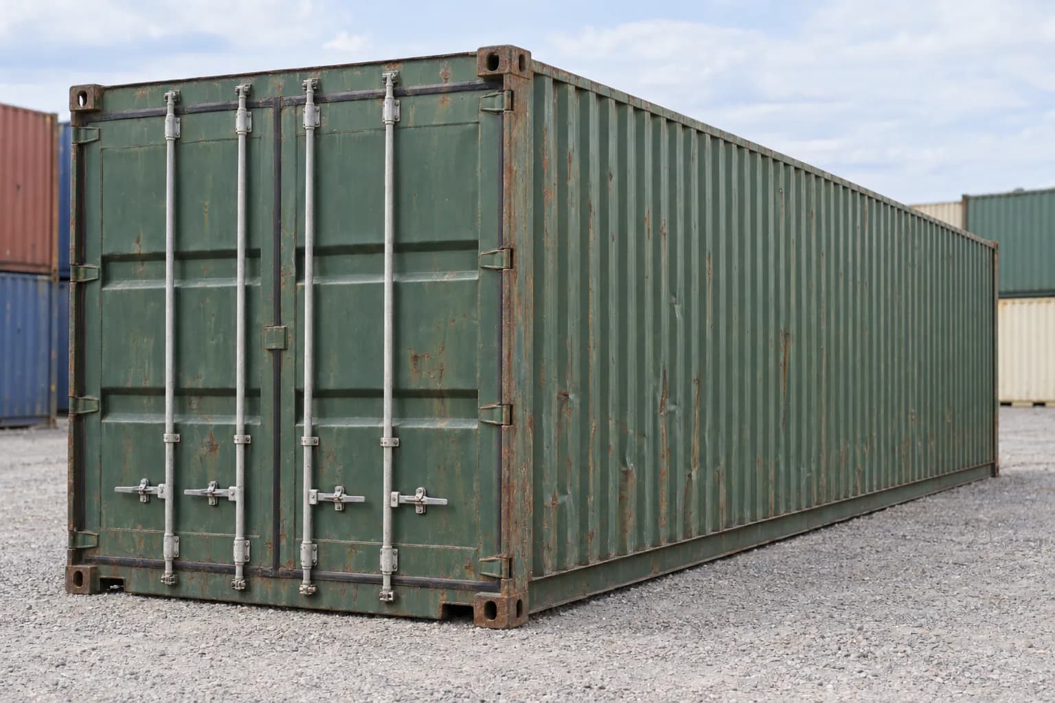 Container 40ft used wind and watertight, three-quarter view