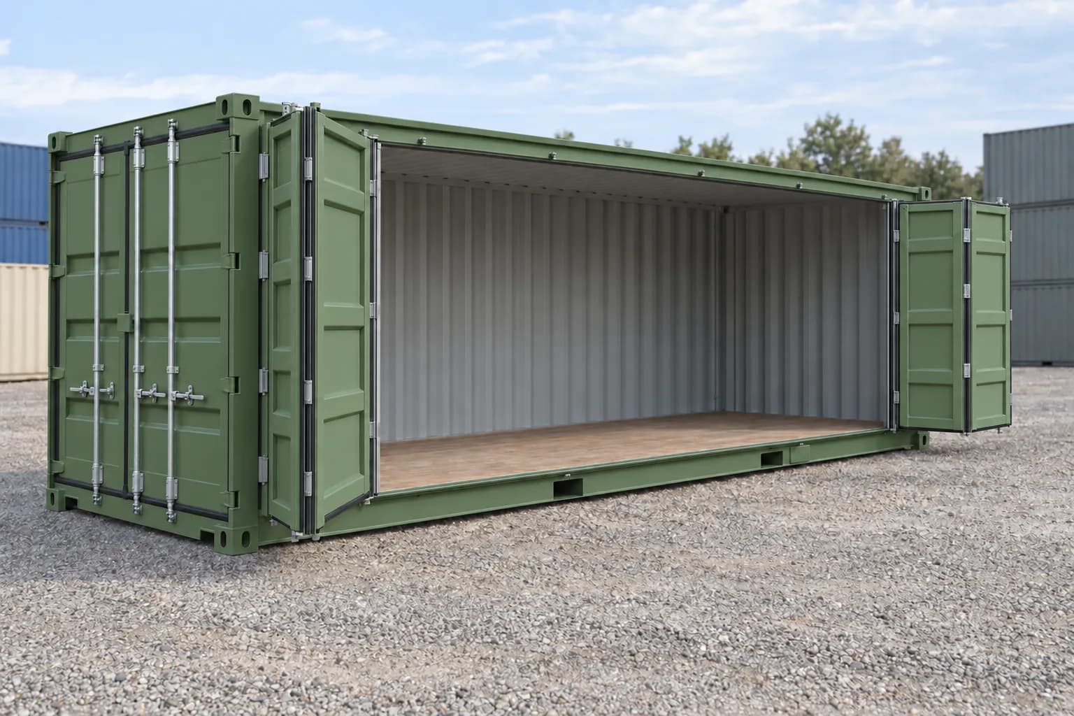 One-trip 20ft Open Side container (side opening), reseda green RAL 6011