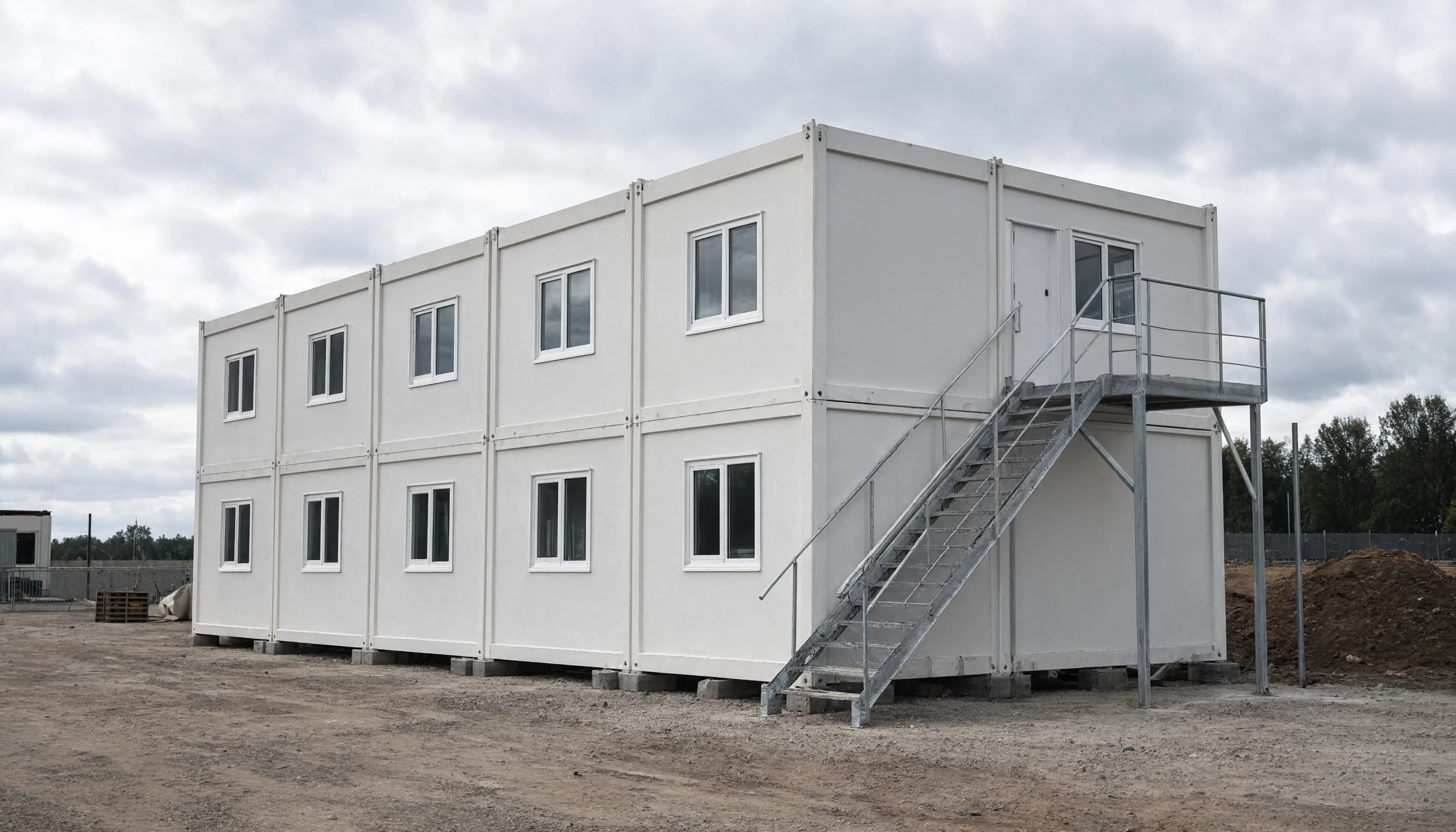 Illustration of modular site welfare with offices and external staircase on site