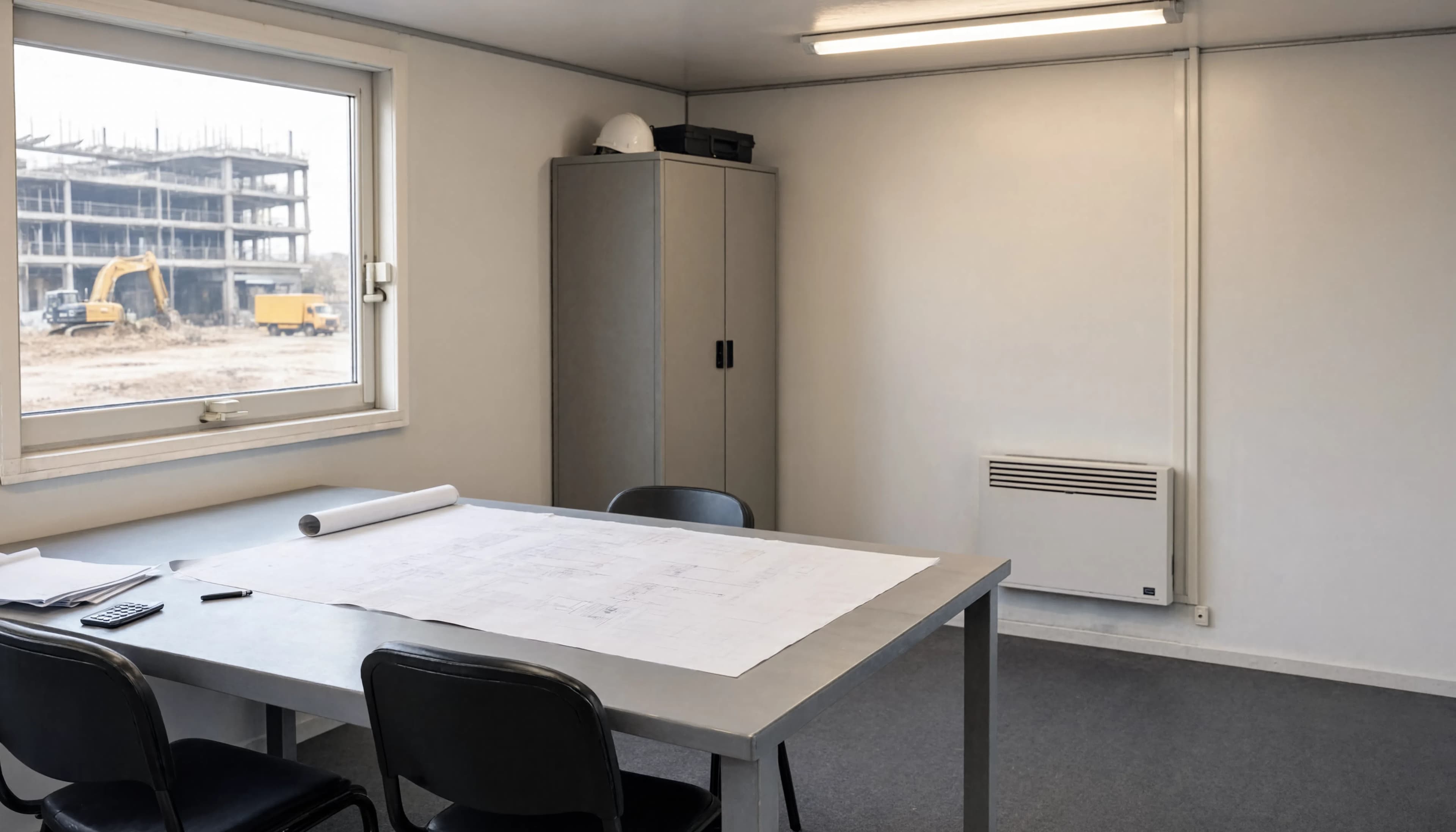 Illustration of a modular workspace with furniture, window and heating; fit-out to be defined for each container