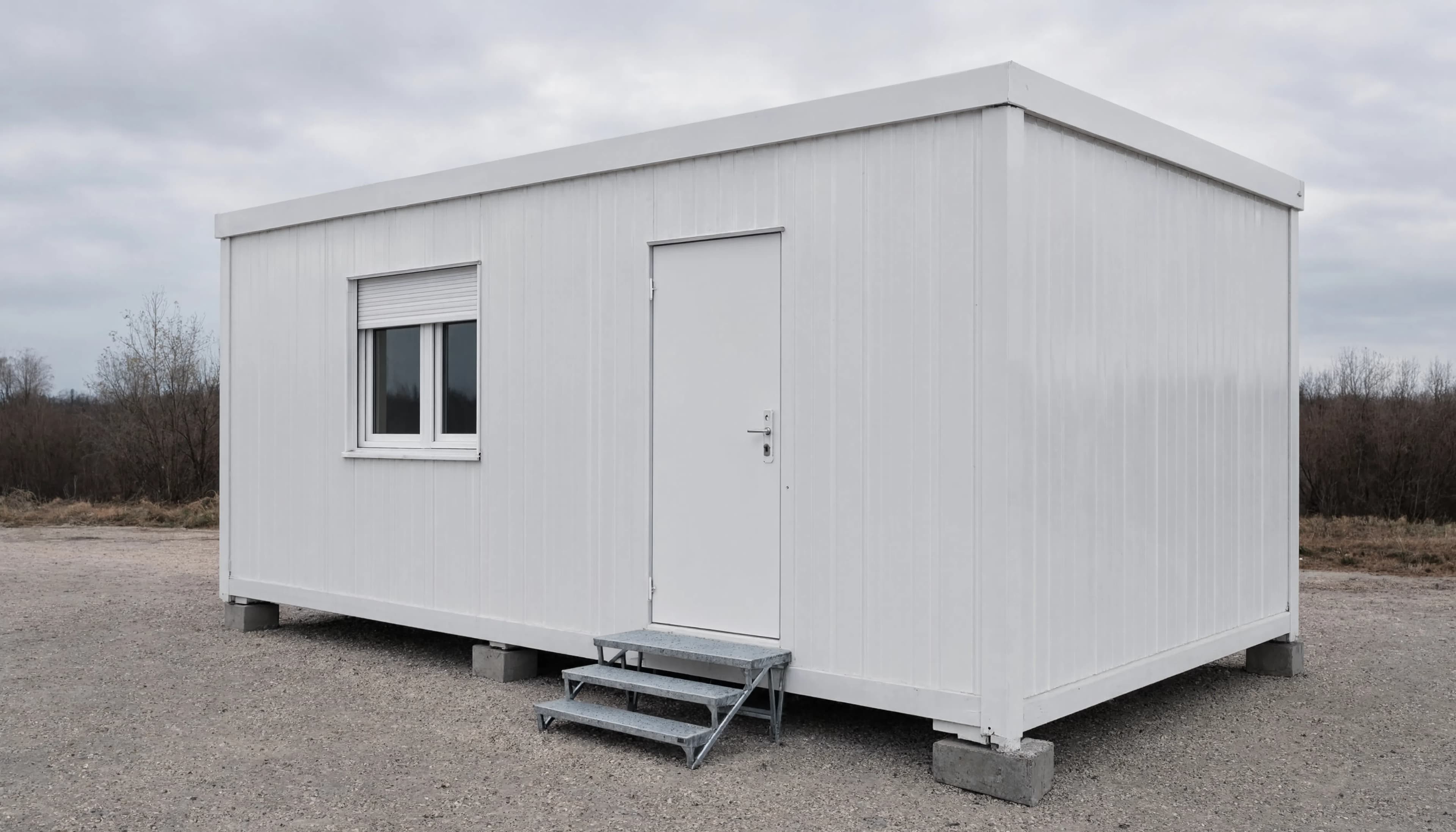 Illustration of a single site cabin with a door and a window, placed on supports