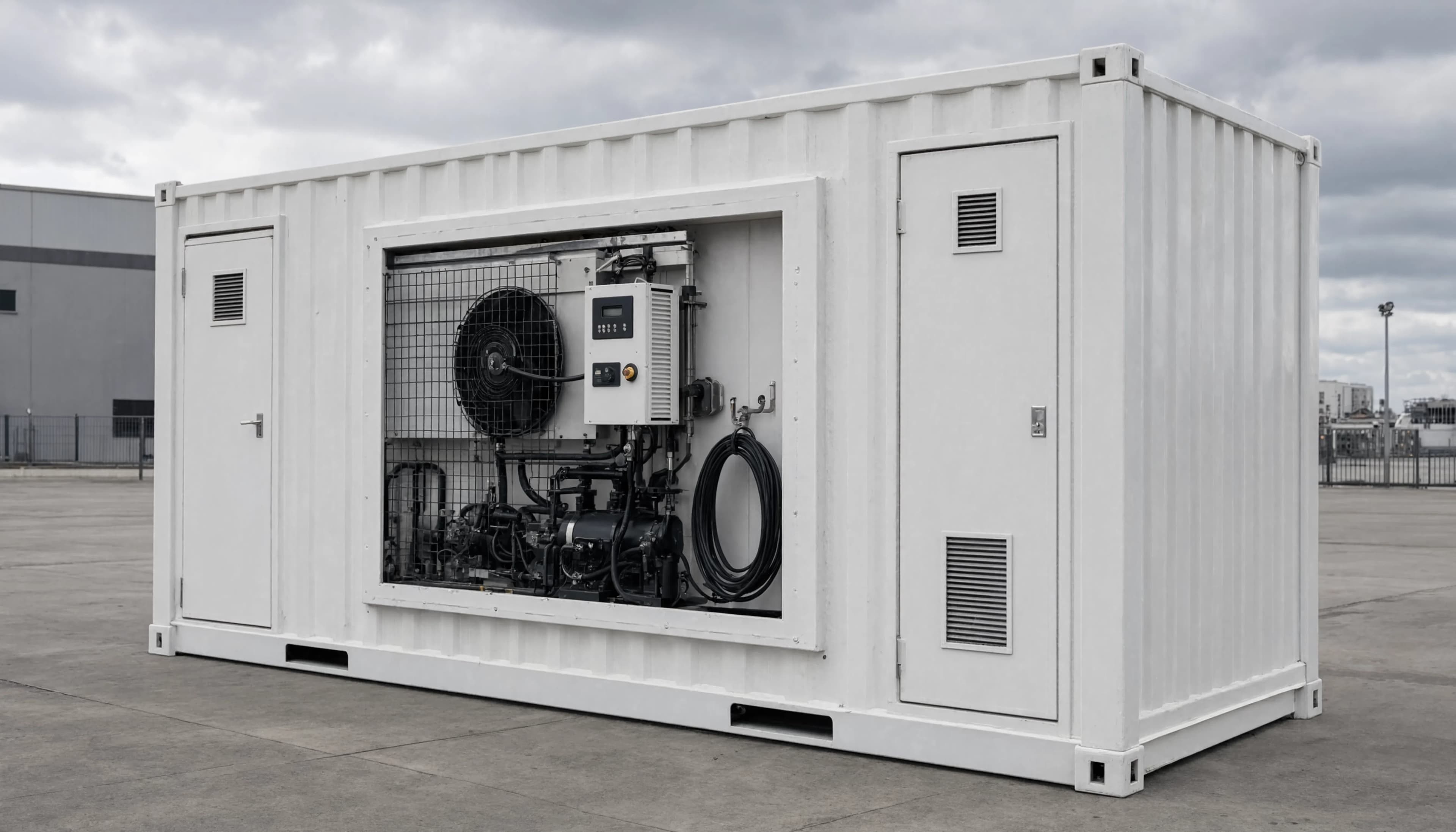 Illustration of a refrigerated container with its refrigeration unit on the front