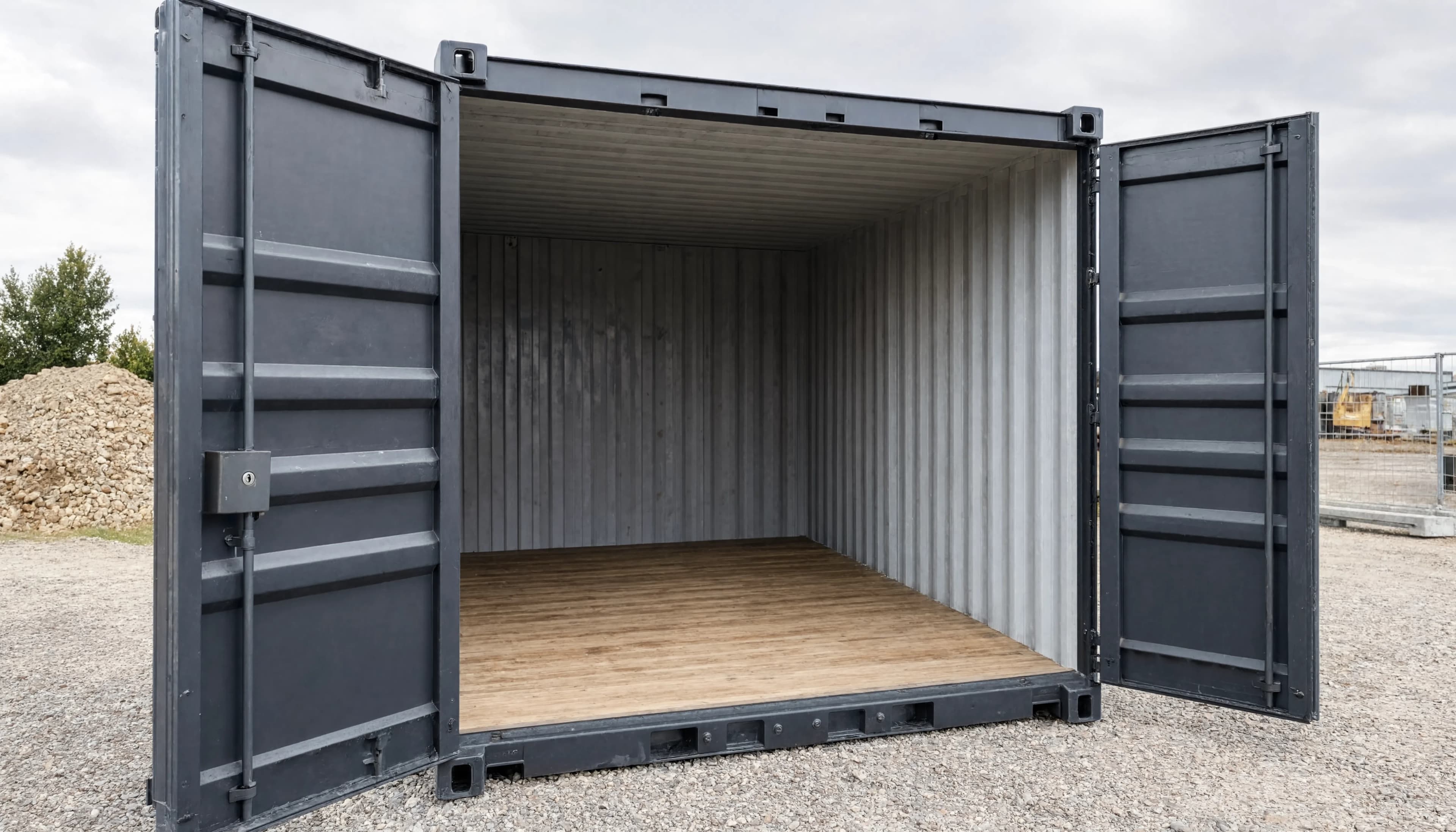 Illustration of a container with its doors open, showing the floor and walls