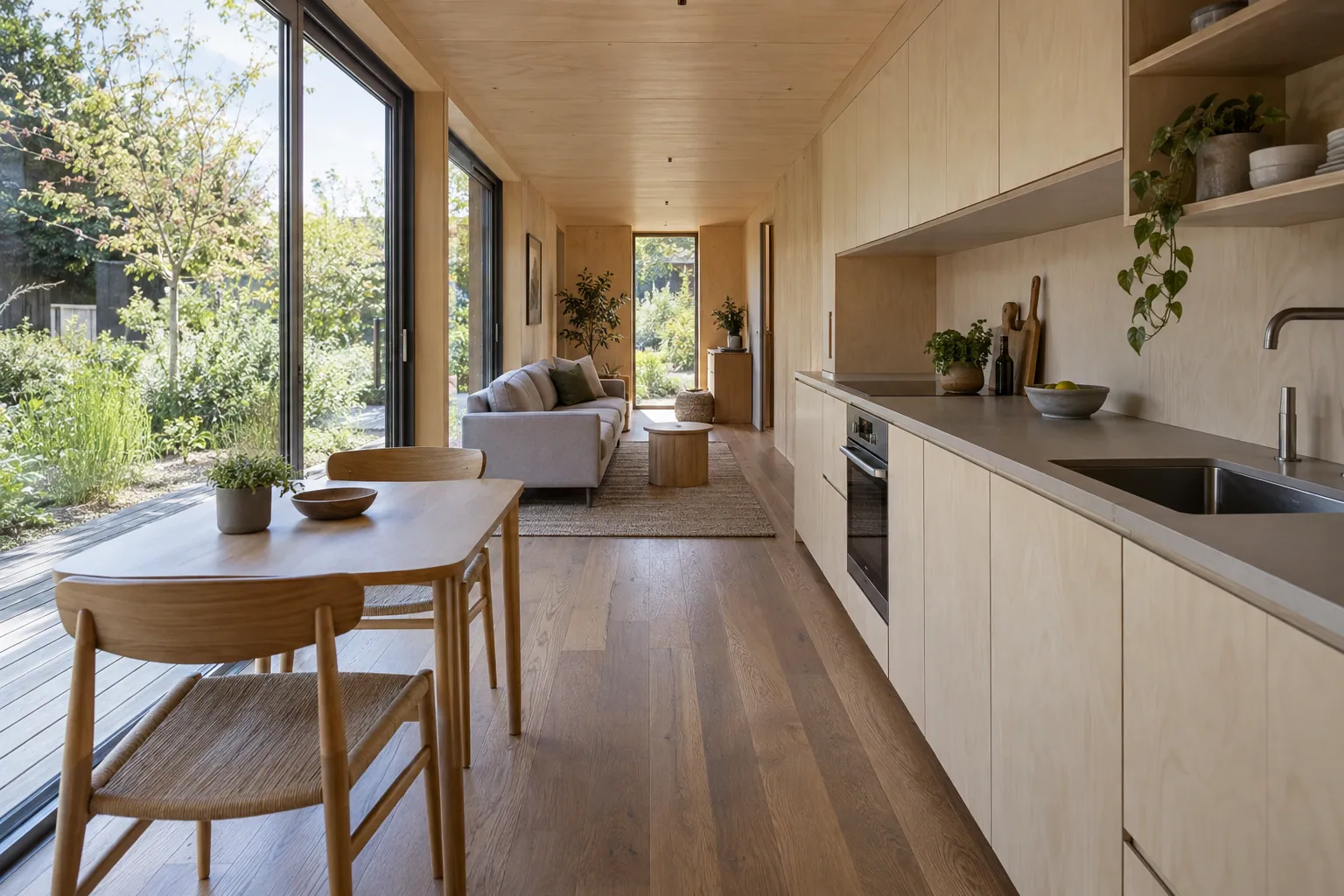 Illustration of the interior of a container home: open-plan living area and kitchen, light wood walls, large window opening onto the garden