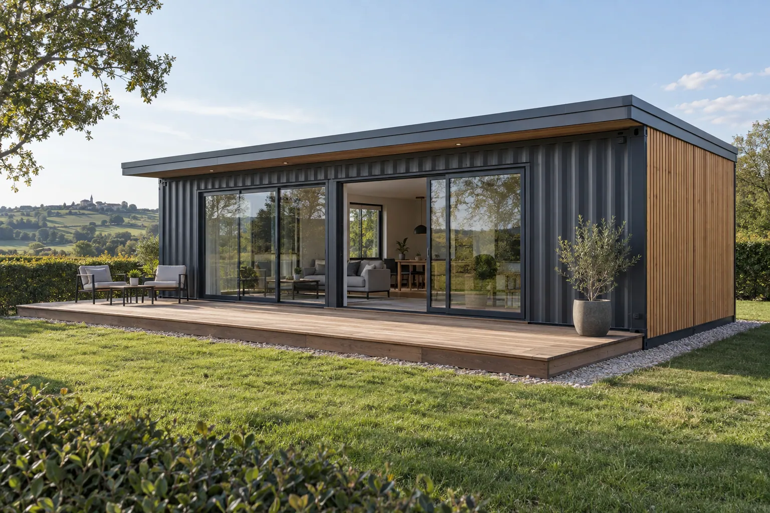 Illustration of a single-storey container home in anthracite grey containers, with large glazed openings, timber cladding and a terrace on a plot in the countryside