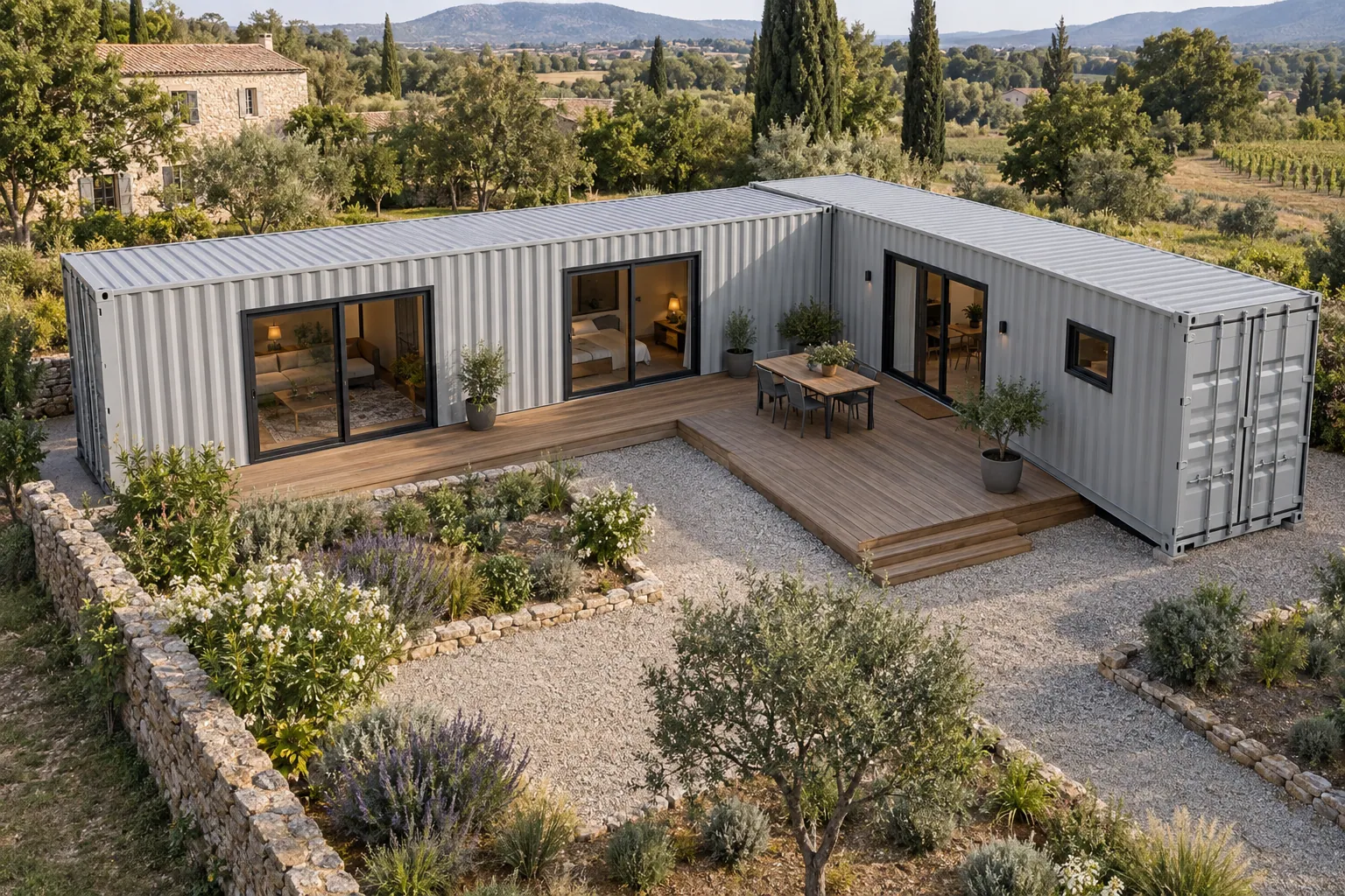 Top view illustration of an L-shaped container home, light grey containers around a timber terrace, in a Mediterranean garden