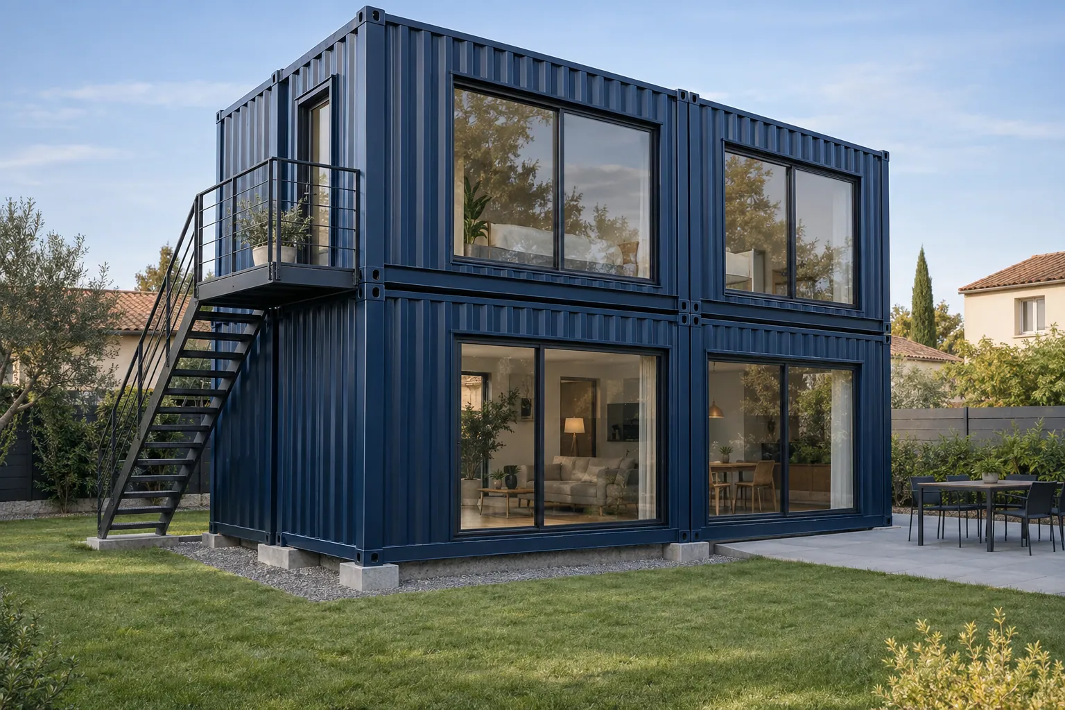 Illustration of a two-storey container home, dark blue stacked containers, large windows, external metal staircase and balcony, on a plot in a residential development