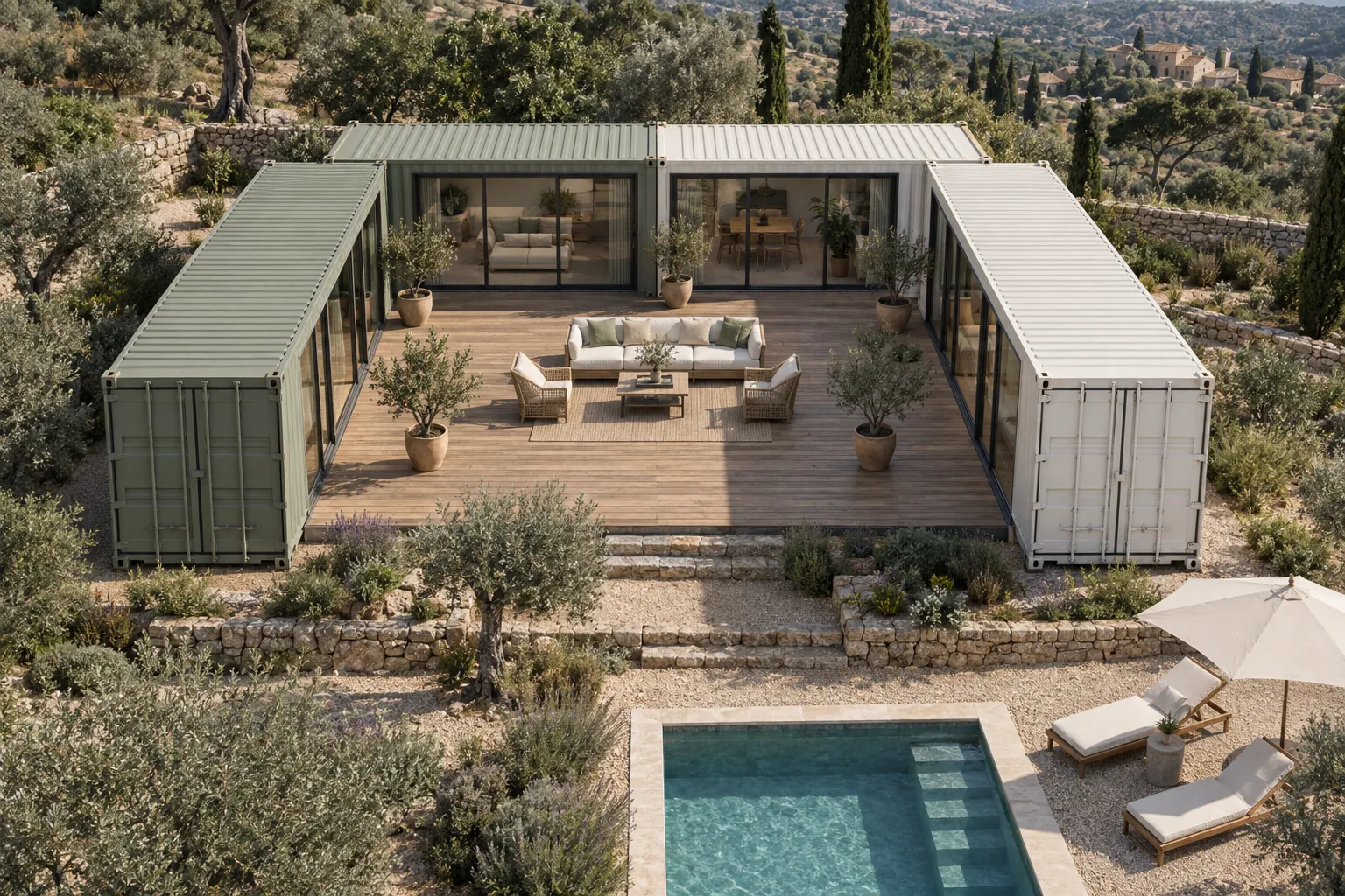 Top view illustration of a U-shaped container home, green and white containers around a timber patio, with a swimming pool in the foreground