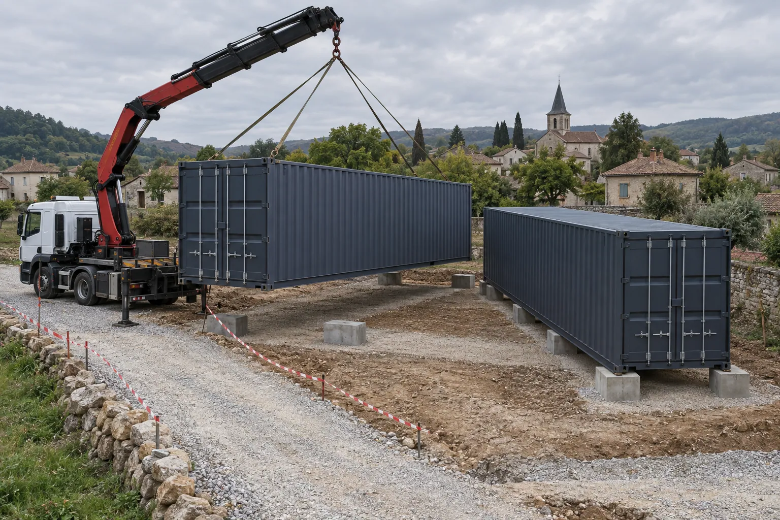 Illustration of delivery of a container to a building plot: a lorry-mounted crane lowers it onto concrete foundation pads, a second container is already in place