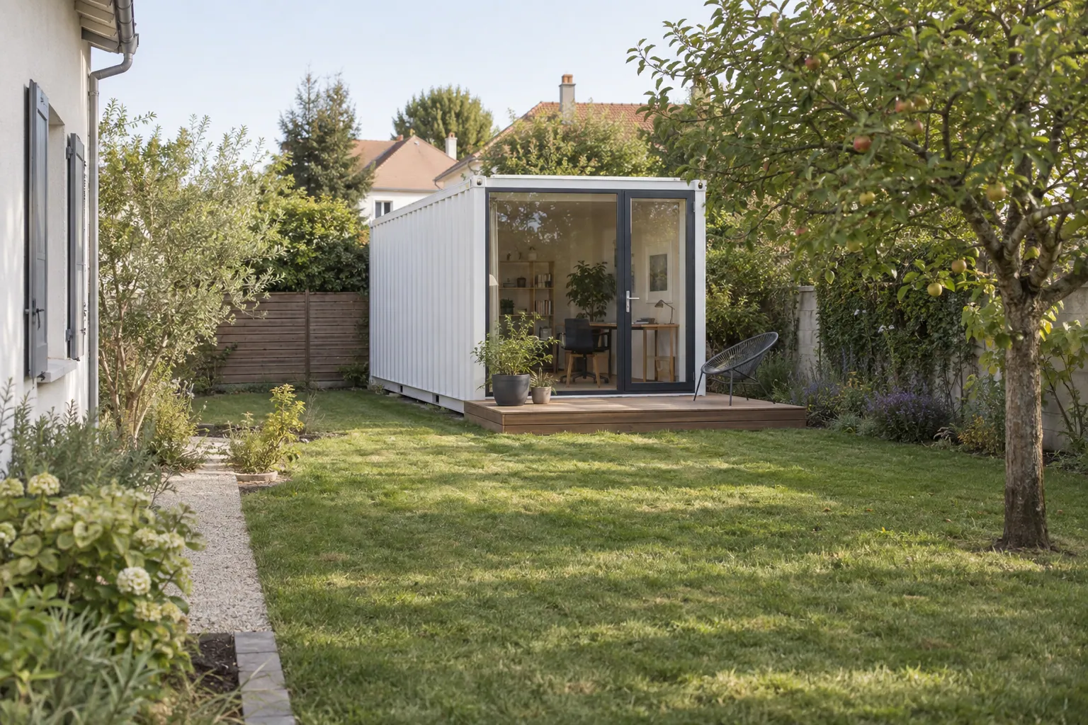 Illustration of a garden studio in a white container, glazed front and small timber terrace, at the end of a garden